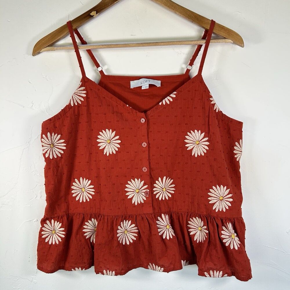 LOFT Rust Red Orange Daisy Embroidered Cami Top Peplum Swiss Dot Cotton Womens S